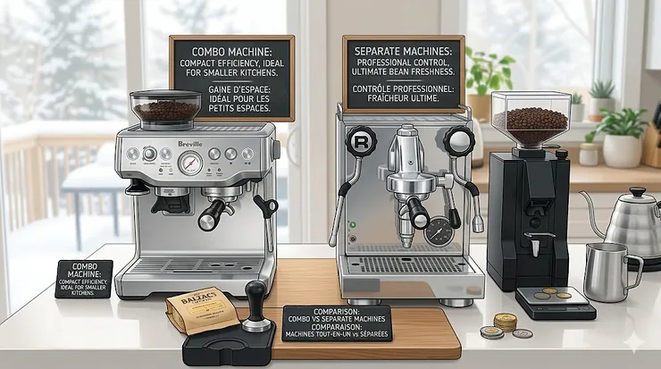 An infographic showing counter space requirements for an all-in-one coffee espresso combo versus separate machines in a standard Canadian condo kitchen layout.