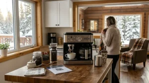 A De'Longhi combination coffee maker preparing a warm latte on a rustic kitchen island during a snowy Canadian winter morning.