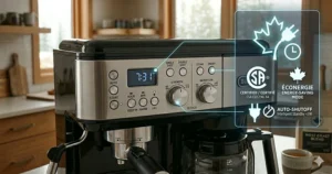 Illustration of an energy-efficient coffee and espresso combo machine displaying Canadian CSA safety certification and eco-friendly auto-shutoff features.