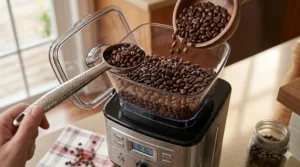 An infographic illustration detailing the built-in grinder chamber of a Cuisinart grind and brew machine, highlighting the coffee bean capacity.