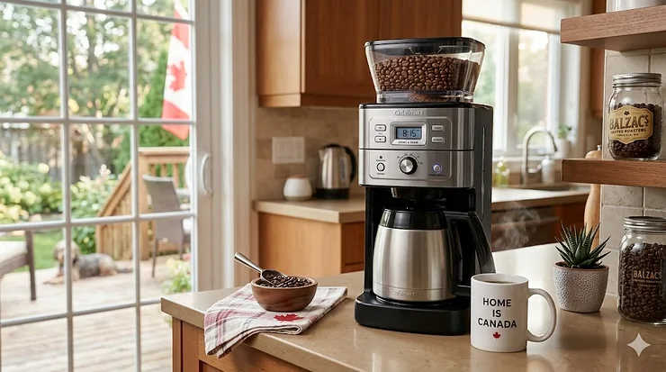 A stainless steel Cuisinart grind and brew coffee maker sitting on a bright, modern Canadian kitchen counter next to a mug of fresh hot coffee.