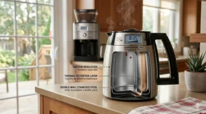 A line-graph illustration comparing heat retention between a Cuisinart grind and brew thermal carafe and glass carafe during cold Canadian winters.