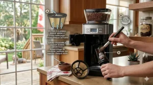 A troubleshooting matrix graphic highlighting solutions for a flashing clean light or grinder blockage on the Cuisinart grind and brew machine.