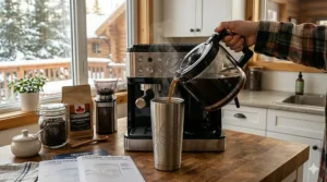 Pouring fresh coffee from a De'Longhi combination coffee maker carafe directly into an insulated travel mug for a cold Canadian commute.