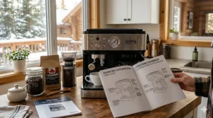 A De'Longhi combination coffee maker shown alongside its bilingual Canadian product manual (English and French text).