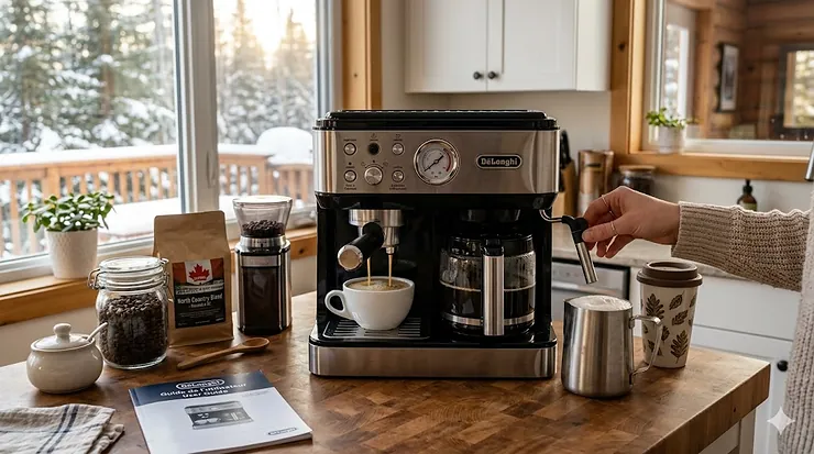 De'Longhi combination coffee maker sitting on a modern Canadian kitchen counter next to a ceramic mug, brewing fresh drip coffee and espresso. Delonghi combination coffee maker