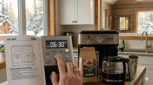 The front digital display panel of a De'Longhi combination coffee maker showing the programmable auto-brew timer feature for early mornings.