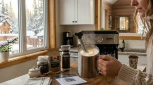 Close-up of a user frothing milk with the manual steam wand on a De'Longhi combination coffee maker to prepare a homemade cappuccino.