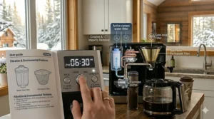 Diagram demonstrating the internal charcoal water filtration system and reusable gold-tone filter used in the De'Longhi combination coffee maker.