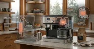 Technical diagram of a dual-heating coffee and espresso combo machine showing independent boilers for drip coffee and espresso extraction.