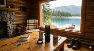 An AeroPress coffee maker sitting on a wooden table inside a cozy lakeside cabin in Ontario.