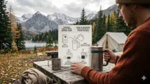 with English and French instructions (cafetière à piston portable).