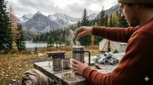 Illustration of an eco-friendly portable French press coffee maker as a sustainable alternative to single-use pods in Canada.