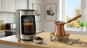 A comparison diagram between a modern electric Turkish coffee maker and a traditional copper cezve pot.