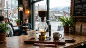 A stylized illustration of a siphon coffee maker (cafetière à siphon) being served in a cozy Vancouver-style coffee shop.