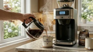 User filling the transparent water reservoir of a modern coffee machine. / Remplissage du réservoir d'eau transparent d'une cafetière moderne.