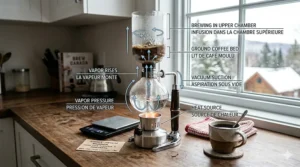 A technical diagram of a vacuum coffee brewer showing the water vapor pressure process, labeled in English and French.