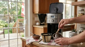 An illustrated guide showing how to remove, empty, and clean the reusable filter basket and grind assembly of a Cuisinart grind and brew coffeemaker.