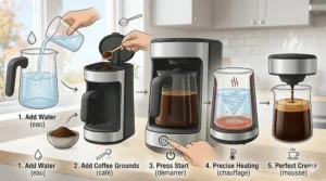 Step-by-step vector illustration showing how to brew authentic coffee using an automatic Turkish coffee maker.