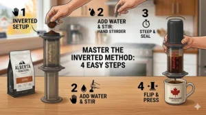A clean, step-by-step graphical guide on how to use the inverted brewing method, a technique common among Canadian AeroPress enthusiasts.