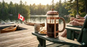 A stylized technical diagram illustrating that a 1.5-liter (50oz) large French press can brew approximately twelve four-ounce coffee cups, meeting the requirements of Canadian hosts entertaining guests at home.