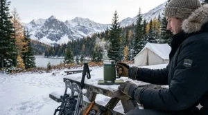 Illustration showing a vacuum-insulated portable French press coffee maker keeping coffee hot during a Canadian winter hike.