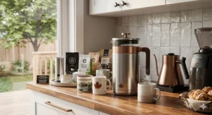 An illustrated breakdown of the "Brew & Serve" process with a large French press, focusing on steps for grinding, steeping, and plunging to create rich, flavorful coffee when entertaining friends in a modern Canadian home.