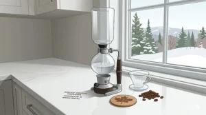 A minimalist vector illustration of a siphon coffee maker sitting next to a maple leaf coaster on a kitchen island.