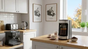 Stylized illustration of a sleek Turkish coffee machine fitting perfectly into a contemporary Canadian kitchen design.