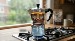 A photorealistic cross-section diagram of a Moka pot showing water pressure and coffee filtration with EN/FR labels like "Chambre à eau."