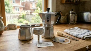 A rugged, high-detail scene of a Moka pot brewing on a portable stove during a camping trip in the Canadian wilderness.