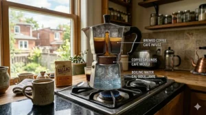 A photorealistic comparison of a Moka pot, French press, and pour-over coffee makers on a rustic Canadian kitchen counter.