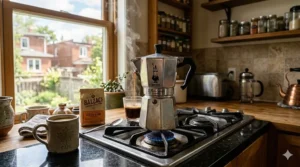 A cozy lifestyle shot of a Moka pot on a stovetop with a snow-covered Canadian backyard visible through the window.