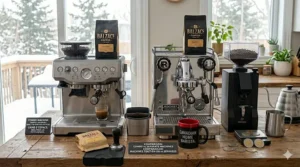 A visual timeline showing a dual-drinker morning routine brewing a batch of drip coffee and pulling an espresso shot simultaneously using separate machines.