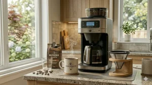 A steaming cup of coffee served next to a grind and brew coffee maker. / Tasse de café fumante servie à côté d'une cafetière à broyeur.