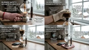 An infographic showing safe handling of a butane burner and glass chambers for a siphon coffee maker at home.
