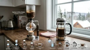 A side-by-side comparison illustration of a siphon coffee maker and a French press, highlighting the clean taste profile.