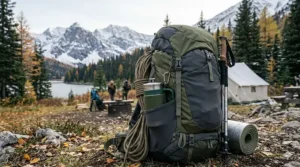 A lightweight portable French press coffee maker tucked into the side pocket of a hiking backpack near a lake.