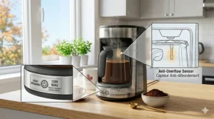 Line-art illustration showing the anti-overflow sensor and smart safety features of a Canadian-certified Turkish coffee maker.