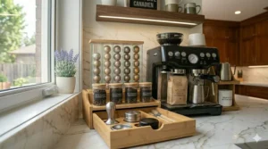 Eco-friendly all-in-one coffee station made with reclaimed wood.