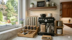 Stylish all-in-one coffee station with ambient under-cabinet lighting.