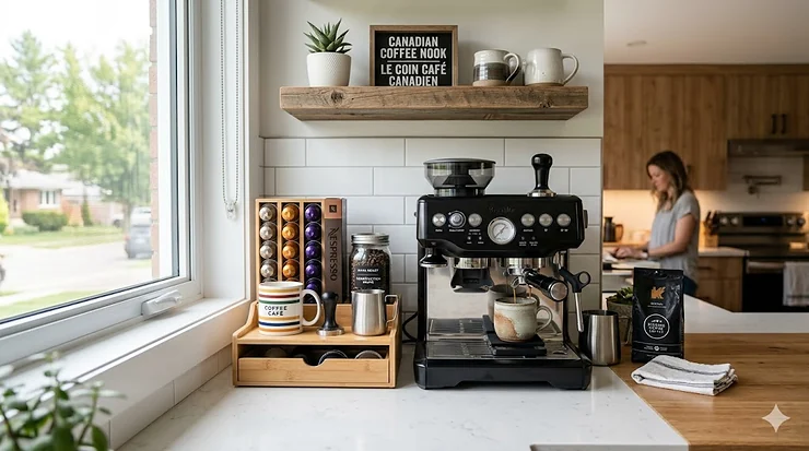 Modern all-in-one coffee station with espresso machine and mug storage.