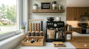 Organized all-in-one coffee station featuring minimalist shelving.