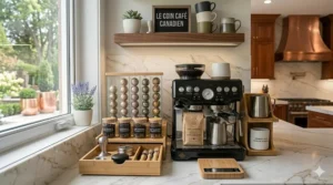 Premium all-in-one coffee station with integrated grinder and tamper.
