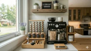 Close-up of all-in-one coffee station with neat capsule storage drawers.