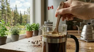 Using a wooden spoon to gently stir coffee grounds in a French press.