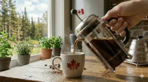 Pouring a rich, strong cup of coffee from a French press into a ceramic mug.