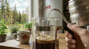 Coffee grounds blooming with water in a glass French press carafe.
