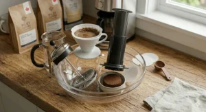 A hand depressing the plunger on an AeroPress, demonstrating the unique pressure extraction method.