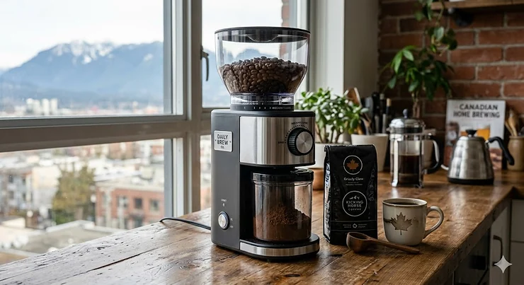 A compact budget conical burr grinder next to a coffee brewer on a modern kitchen counter.